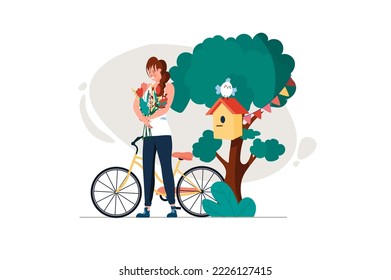 Spring concept with people scene in the flat cartoon style. Girl rides a bicycle and collects spring flowers in the forest. Vector illustration.