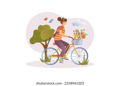 Spring concept with people scene in the flat cartoon design. Girl rides a bicycle and collects spring flowers on a walk. Vector illustration.