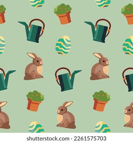 Spring concept. Seamless pattern with flower, easter egg, bunny and watering can.
