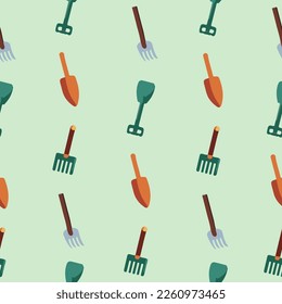 Spring concept. Seamless pattern of set of gardening tools.
