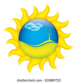Spring concept with sun and clouds, vector