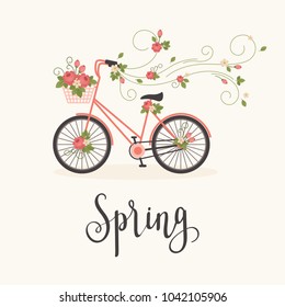 Spring Concept Vector Illustration. Bicycle/bike With Floral Basket And Flying Flowers On Light Cream Background. Hand Lettering 