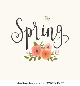 Spring concept vector illustration. Floral hand lettering/calligraphy "Spring"