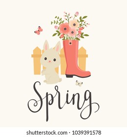Spring concept vector illustration. Hand lettering/calligraphy "Spring", white bunny/rabbit, chick, rainboot with flowers.