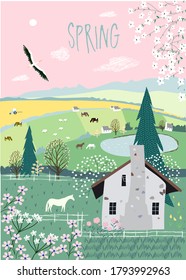 Spring concept. Vector illustration of house with trees and flowers around it for print, postcard, design, poster.