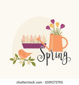 Spring concept vector illustration. Watering can with flowers, different blooming flowers, bird on a branch, hand lettering "Spring"