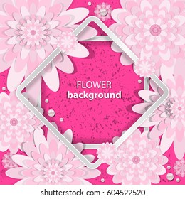 Spring congratulatory floral background. Festive paper flowers on a square light frame. Grunge pink background. Vector greeting card with a holiday on March 8, Mother's Day, birthday, marriage, etc.