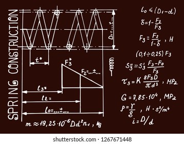 Spring construction. Physics background with the equations, figures, schemes, plots and other calculations on chalkboard. Handwritten vector Illustration.