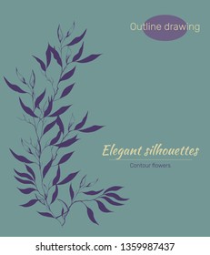 Spring contour branch with leaves. Hand-drawn outline, sketch, silhouette for decoration of postcards, greetings. Vector illustration