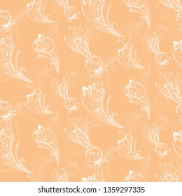 Spring coral crocus flowers vector seamless pattern. hand drawn lined illustration. peach background
