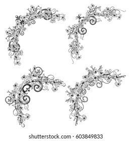 Spring corner decorations. Vector outlined spring flowers, leaves and flourishes on branches. Linear duotone decorations isolated on white background.