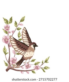 Moldura de canto de mola com pássaro pardal e ramificação de árvore. Design plano para cartão-postal