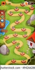 Spring Country Landscape For Game Background/
Illustration of a graphic game user interface background, in cartoon style with vertical seamless spring landscape, level select and basic buttons