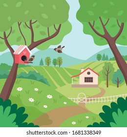 Spring countryside landscape with house, trees and birds. Cute vector illustration in flat style