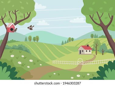 Spring countryside landscape with house, trees and birds. Cute vector illustration in flat style