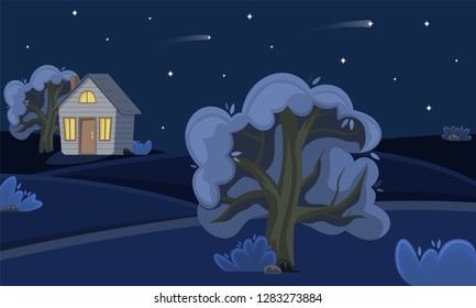 Spring countryside landscape at night. Summer fields. Starry sky. Flat cartoon style.