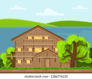 Spring countryside landscape. Sunny day at the lake. Cozy chalet. Flat cartoon style.