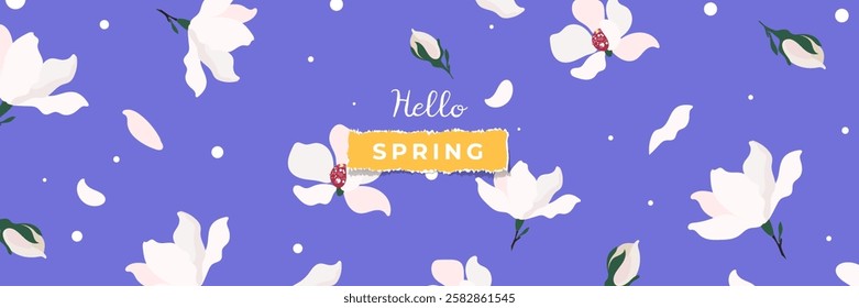 Spring creative design with Magnolia flowers. Modern template for banner, card, advertising, sale, web, horizontal poster. Vector illustration