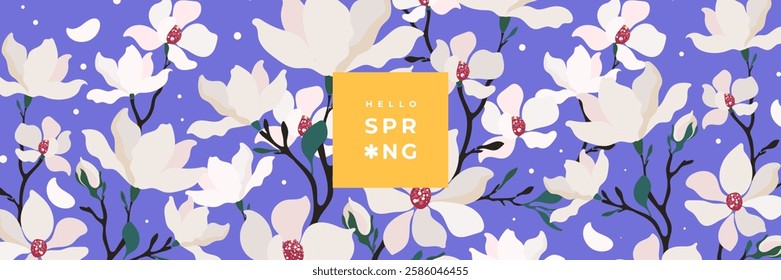 Spring creative design with Magnolia flowers. Modern template for banner, card, advertising, sale, web, horizontal poster. Vector illustration