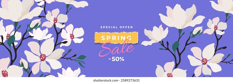 Spring creative design with Magnolia flowers. Modern template for banner, card, advertising, sale, web, horizontal poster. Vector illustration