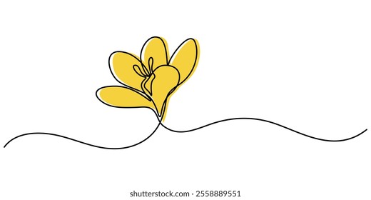 Spring crocus flower in continuous line art drawing style. Minimalist black linear sketch isolated on white background. Vector illustration, Spring crocus flower in continuous line art drawing style.