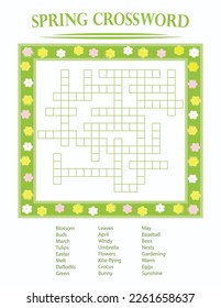 Spring Crossword Puzzle, Fun Activity Game, Kids and Adults, Promo, Promotion, Invitation, Illustration,  Flowers, Green, Yellow, Pink, Easter, Party