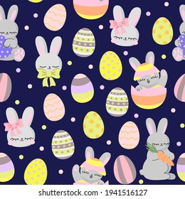 Spring cute blue pattern with egg rabbit bunny. Happy easter seamless background. Textiles for children. Digital paper scrapbook.