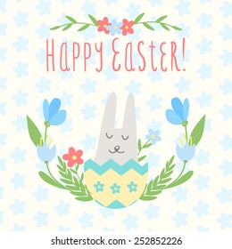 Spring cute card with bunny and the words "Happy Easter!"
