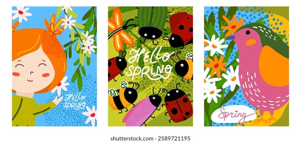 Spring cute card set. Girl, flowers, insects, and bird. Perfect for seasonal designs and greeting cards. Vector illustration