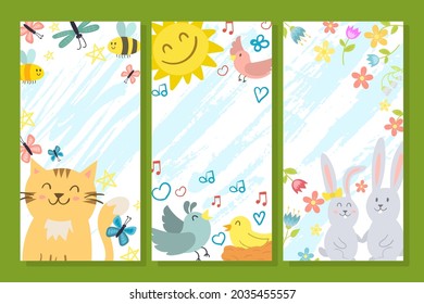 Spring cute card set, vector illustration. Poster flyer collection with animal, happy banner for children. Smile cat, sun, birds, rabbit
