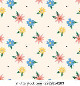 Spring cute cartoon flower pattern. Spring seamless background for print, textile, wrapping paper, fabric. Flat surface design