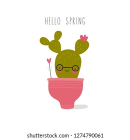 Spring Cute cartoon flower in a pot. Cartoon cactus smile. Flower character vector illustration