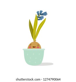 Spring Cute cartoon flower in a pot. Cartoon cactus smile. Flower character vector illustration