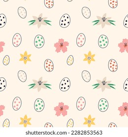 Spring cute cartoon pattern flower and abstract egg. Spring seamless background for print, textile, wrapping paper, fabric. Flat surface design