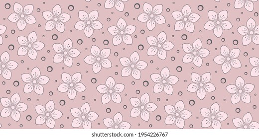 Spring cute flowers with five petals on a beige background with small circles. Vector seamless pattern for wrapping paper, packaging, cover, banner, greeting card, website wallpaper or surface texture