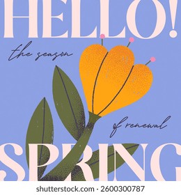Spring cute illustration with artistic hand drawn tulip flower.Bold typography card template with blooming floral design.Seasonal background for spring holidays decor,prints,invitations,offers,covers