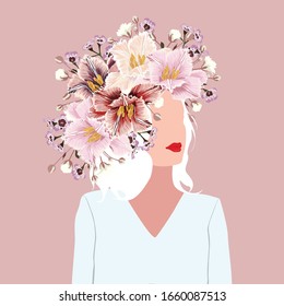 Spring. Cute illustration of a woman with flowers wreath, young people  for a poster, card, flyer or banner or t-shirt print. Cartoon style, flat illustration. T shirt print.