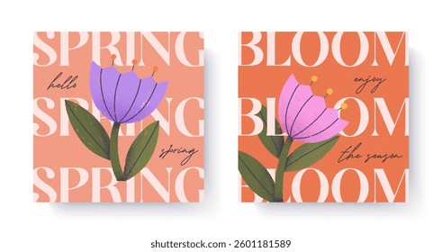 Spring cute illustrations with artistic hand drawn flowers.Bold typography card templates with blooming floral design.Seasonal backgrounds for spring holidays decor,prints,invitations,offers,greetings