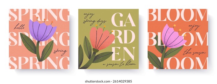 Spring cute illustrations with artistic hand drawn flowers.Bold typography card templates with blooming floral design.Backgrounds for spring festival,holidays decor,prints,invitations,offers,greetings