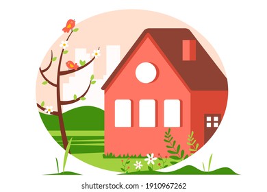 Spring cute landscape with a house and singing birds on a tree on a pink background. Vector illustration in a flat style.