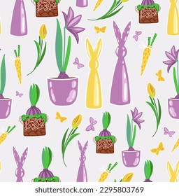 Spring cute pattern with figurines of rabbits, carrots and amaryllis.