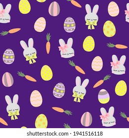 Spring cute purple pattern with egg rabbit bunny carrot. Happy easter seamless background. Textiles for children. Digital paper scrapbook.