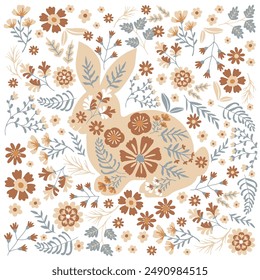 Spring Cute Rabbits and Flower background vector seamless, Little Bunny pattern Kids print. Cute Easter Bunny in a wreath of flowers and leaves on white background.