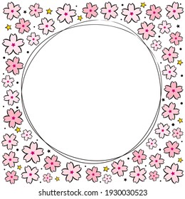 Spring cute round frame made from hand-drawn sakura flowers. White Template for Spring, blossom. Japan, photo album, greeting card. Vector illustration in doodle style.