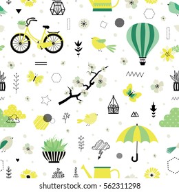 Spring. Cute seamless pattern. All elements are  hidden under mask. Pattern are not cropped and can be edited.