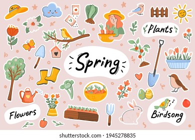 Spring cute stickers template set. Bundle of springtime symbols, Easter, blooming flowers, birds singing, gardening, planting works. Scrapbooking elements. Vector illustration in flat cartoon design