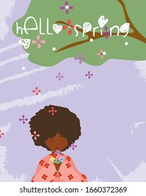 Spring! Cute vector illustration of a black woman with flowers and umbrella