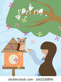 ¡Primavera! Cuta ilustración vectorial de una mujer con búho. Ilustración vectorial de fondo paisajístico natural