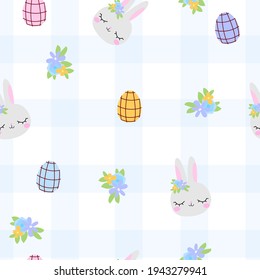 Spring cute white pattern with egg rabbit bunny flowers.Happy easter seamless background. Textiles for children in a blue cage. Digital paper scrapbook.