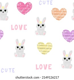Spring cute white pattern with rabbit, bunny, hearts. Happy easter seamless background. Textiles for children. Digital paper scrapbook.
